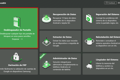 Interfaz de DroidKit que muestra opciones para desbloquear el bloqueo de pantalla del teléfono Android, omitir FRP y más.