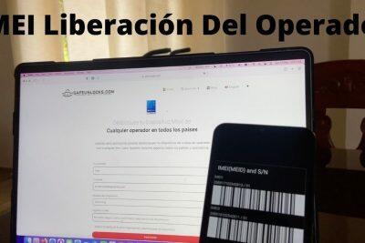Computadora portátil que muestra el sitio web del servicio de desbloqueo de IMEI; teléfono con IMEI/MEID mostrado.